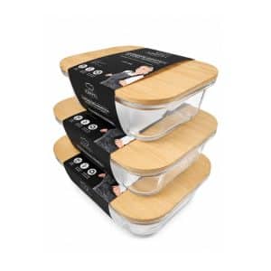 Contenedores Herméticos Vidrio Templado Tapa Bambú Set X3